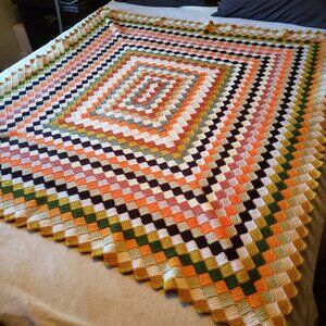 Vintage Geometrical Handmade Crochet Afghan Blanket 55”x 58” Warm colors diamond